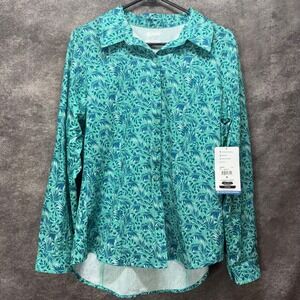 Reel Legends Long Sleeve Button Up Shirt Womens M Teal Floral UV Protection NWT
